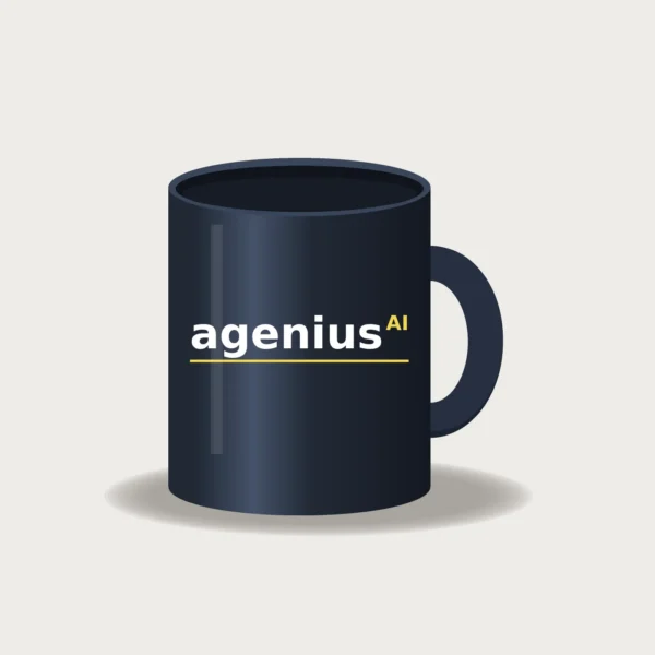 Nachtblaue Keramiktasse mit weissem Schriftzug «agenius AI» auf der Vorderseite